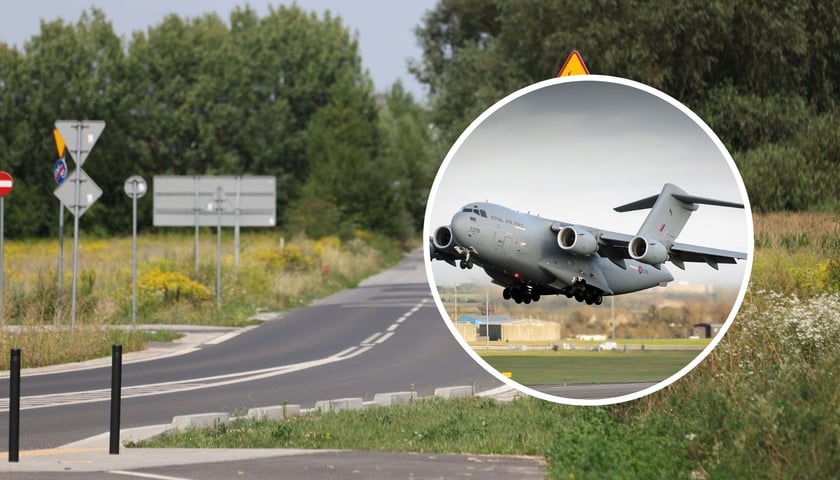 Na dużym zdjęciu ulica Żwirki i Wigury Zachodnia (fot. Tomasz Hołod). Na  małym zdjęciu amerykański Boeing C-17 (fot. Staff Sgt. Jacob N. Bailey Air Force (Public Domain))