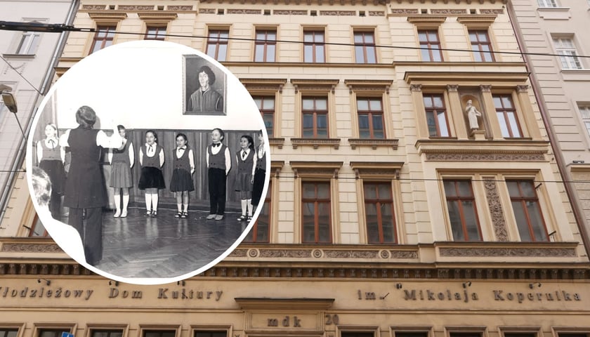 Na głównym zdjęciu zabytkowa kamienica przy ul. Kołłątaja 20 po remoncie z 2024 r., w której mieści się Młodzieżowy Dom Kultury im. Mikołaja Kopernika, w kółeczku archiwalne zdjęcie z zajęć w MDK