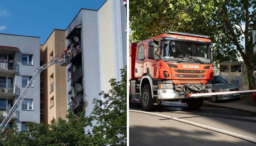 Kłęby dymu z palącego się mieszkania, strażacy podczas akcji. Pożar mieszkania na Nowym Dworze. Trwa akcja służb