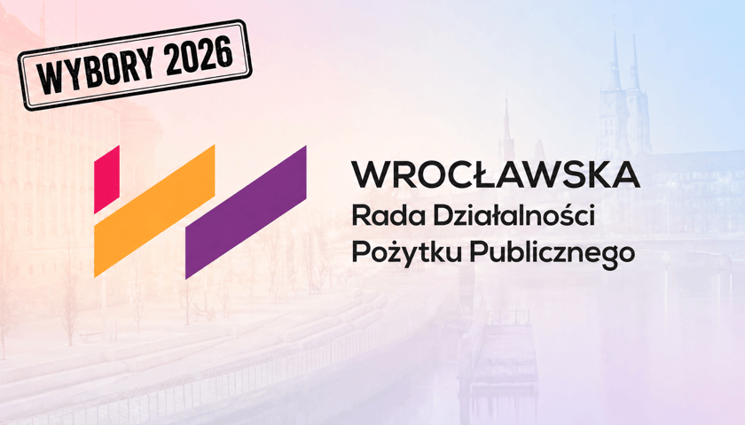Grafika ilustracyjna, na pierwszym planie abstrakcyjne logo i napis Wrocławska Rada Pożytku Publicznego, w tle zarys zabudowy w centrum Wrocławia nad Odrą, w górnym lewym rogu napis: WYBORY 2026.