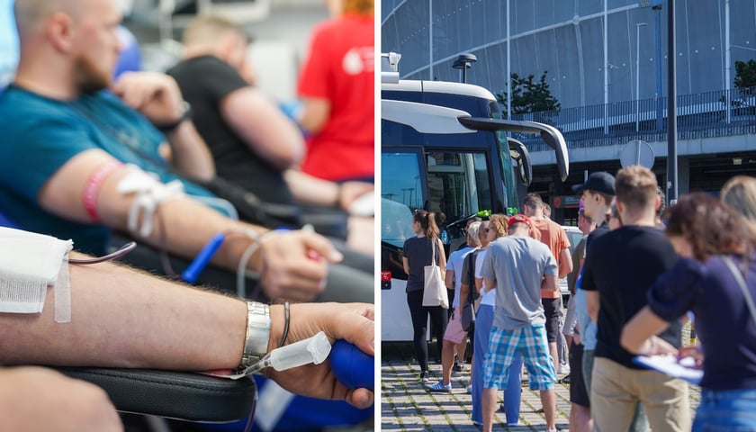 dwa zdjęcia: mężczyźni honorowo oddają krew w mobilnym punkcie; kolejka do Krwiobusa przed stadionem Tarczyński Arena