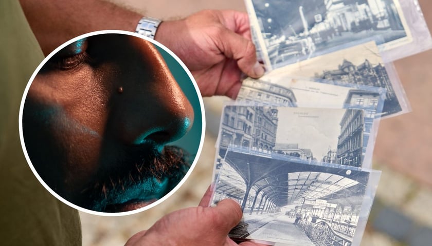 zdjęcie ilustracyjne: w tle mężczyzna prezentuje czarno-białe zdjęcia dawnego Wrocławia; w kółku nos mężczyzny
