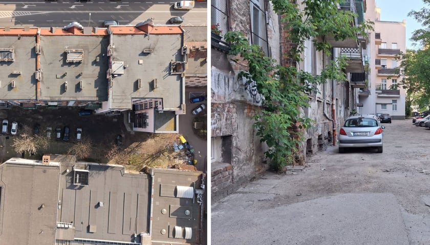 Zdjęcie dzielone na pół: po lewej widok z drona na podwórko między ulicami Nowowiejską, Barlickiego, Orzeszkowej i Wyszyńskiego; z prawej to samo podwórko - widok z poziomu ziemi.