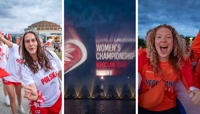 Zdjęcie podzielone na trzy części: z lewej - młoda kobieta w sportowym stroju w biało-czerwonych barwach - reprezentantka Polski w lacrossie na tle Pergoli i Hali Stulecia; w środku - świetlny pokaz na fontannie - Mistrzostwa Świata Kobiet w lacrosse we Wrocławiu; z prawej - młoda śmiejąca się dziewczyna w pomarańczowym stroju sportowym - zawodniczka drużyny Holandii.