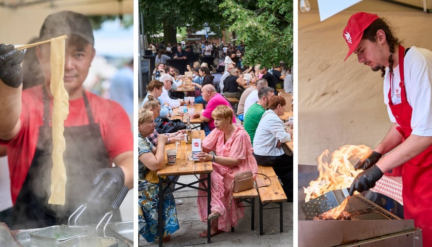 Zdjęcie podzielone na trzy części: z lewej - kucharz trzyma pałeczkami wstęgę makaronu nad parującym garnkiem; w środku - ludzie siedzący i jedzący przy stołach piknikowych w rejonie Bulwaru Dunikowskiego; z prawej - kucharz piekący mięso na ruszcie nad otwartym ogniem.