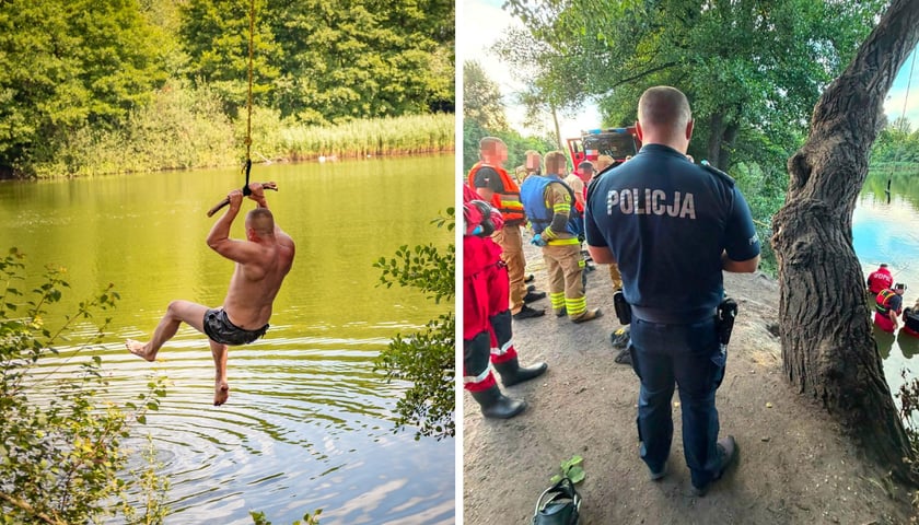 Mężczyzna nad wodą wisi na linie. Policjant w mundurze i służby ratunkowe podczas akcji na kąpielisku przy ul. Królewieckiej