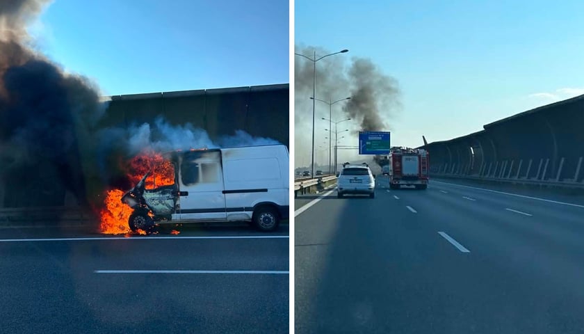 Płonie bus na A8 we Wrocławiu. Zablokowany pas, 13 lipca 2026 r. 