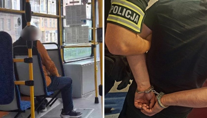 Mężczyzna w tramwaju MPK Wrocław. Mężczyzna w kajdankach i policjant. 50-latek zatrzymany po przestępstwie seksualnym w tramwaju. Policja szuka kolejnych pokrzywdzonych