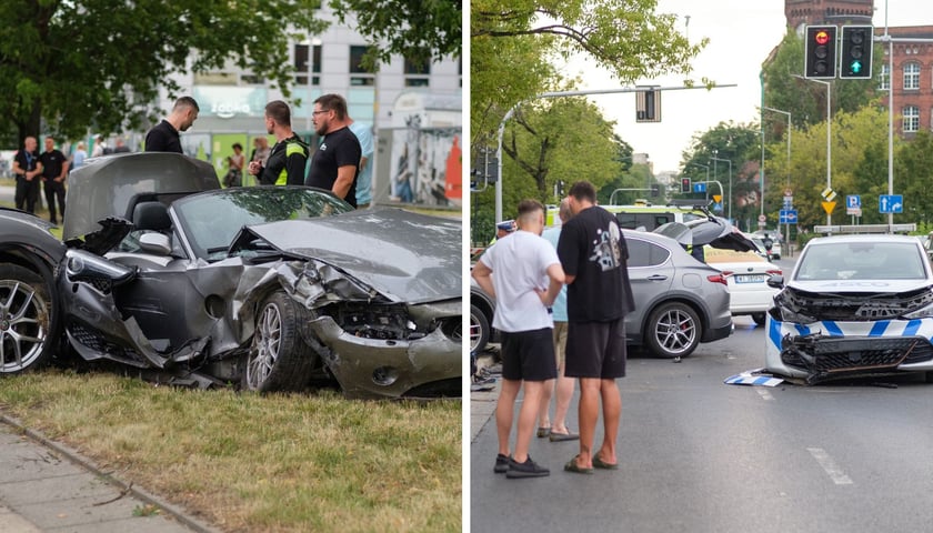 dwa zdjęcia: rozbite samochody - uczestnicy kolizji przy ul. Swobodnej
