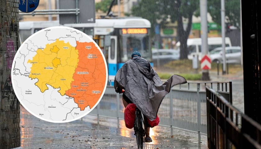 w tle: ulewa we Wrocławiu, na pierwszym planie rowerzysta w płaszczu przeciwdeszczowym; w kółku: mapka z alertem IMGW