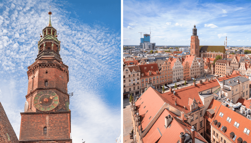 Kolaż 2 zdjęć. Z lewej wieża wrocławskiego ratusza, z prawej widok z tarasu widokowego wieży wrocławskiego ratusza