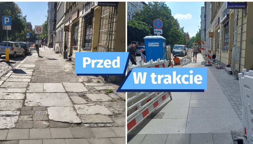 Zdjęcie podzielone na pół: z lewej strony - widok na fragment chodnika przy ul. Ołbińskiej przed rozpoczęciem remonty z nałożonym napisem "Przed"; z prawej - widok na ten sam fragment podczas układania nowych płyt chodnikowych z nałożonym napisem "W trakcie".