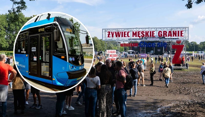 W tle: scena Męskiego Grania, w kółku: tramwaj (zdjęcia ilustracyjne)