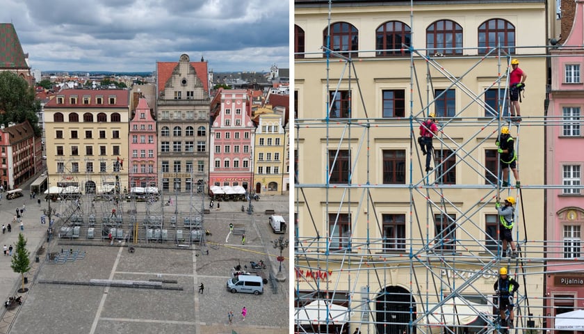 dwa zdjęcia: budowa sceny na Rynku we Wrocławiu (po lewej: szerszy krajobraz; po prawej: zbliżenie na pracowników budujących rusztowanie)