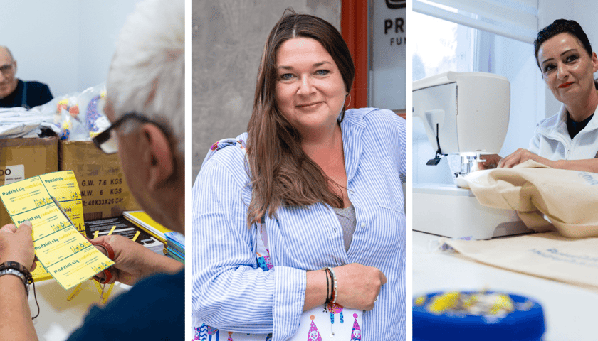 Kolaż 3 zdjęć: w środku Joanna Cegielska-Kędzia, prezes zarządu Fundacji PRESTO, z lewej i prawej pracownicy Fundacji