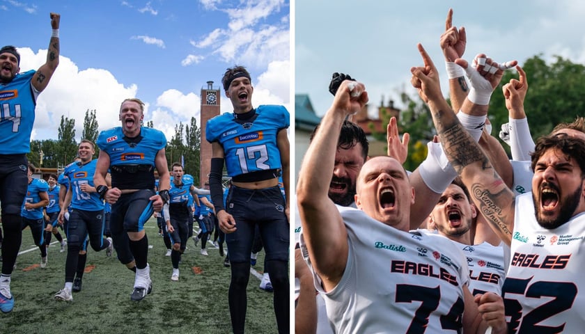 Zdjęcie podzielone na pół: z lewej - skaczący z radości zawodnicy Panthers Wrocław po awansie do finały rozgrywek Polskiej Futbol Ligi; z prawej - grupa zawodników Warsaw Eagles cieszy się z wygranego meczu półfinałowego.