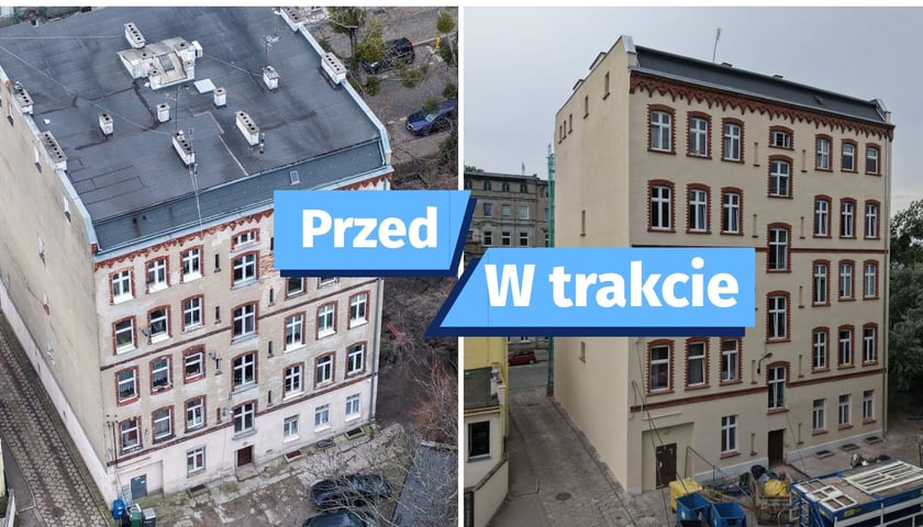 Zdjęcie podzielone na pół: z lewej  widok z drona na ścianę kamienicy przy ul. Wysokiej 4 od strony podwórza przed remontem z nałożonym napisem "Przed"; z prawej - elewacja tej samej kamienicy od podwórza po wyremontowaniu z nałożonym napisem "W trakcie".