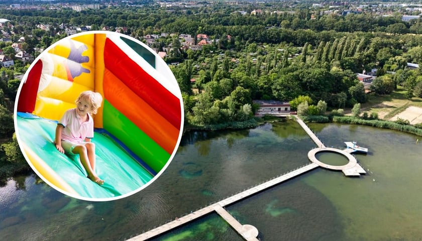 W tle Kąpielisko Morskie Oko we Wrocławiu - widok z drona, w kółku - chłopiec na dmuchańcu, zdjęcie ilustracyjne.