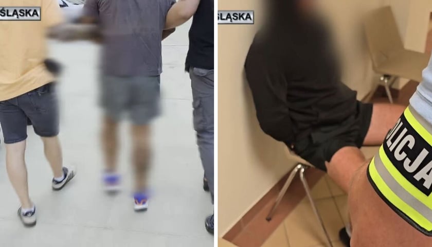 Zdjęcie podzielone na pół - z lewej - zdjęcie operacyjne policji z doprowadzenia podejrzanego o pobicie na przesłuchanie; z prawej - jeden z podejrzanych mężczyzna siedzący na krześle i pilnowany przez policjanta.