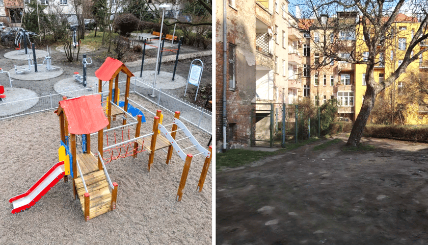 Zdjęcie podzielone na pół: z lewej - plac zabaw na odnowionej części podwórka między ulicami Wapienną, Kamienną, Gajową i Przestrzenną; z prawej - widok na północną, czekającą na remont, część tego samego podwórka.