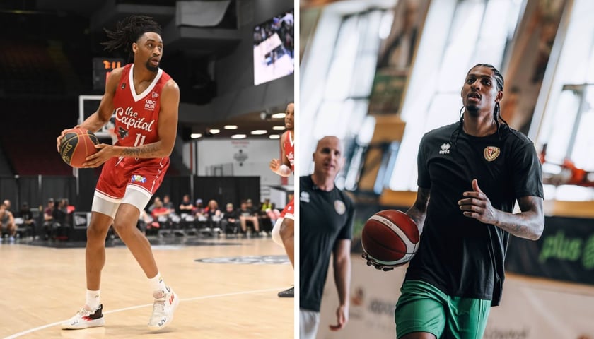 Isaih Moore w meczowym stroju Ottawy BlackJacks i Devin Robinson w treningowym stroju Śląska Wrocław