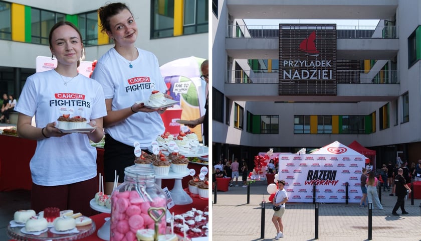Akcja przed Przylądkiem Nadziei, dwa zdjęcia: dwie wolontariuszki Cancer FIGHTERS ze słodyczami dla krwiodawców; namiot z hasłem "Razem Wygramy" przed budynkiem kliniki Przylądek Nadziei we Wrocławiu.
