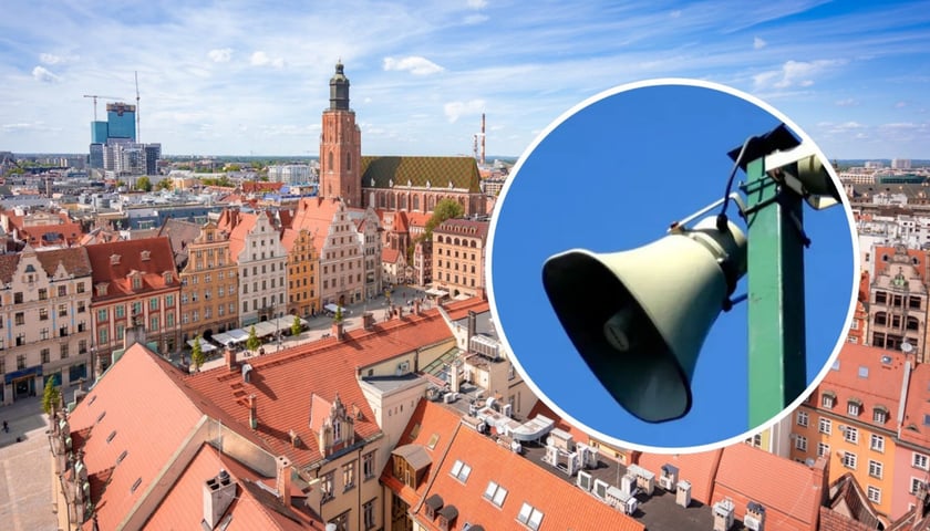Na zdjęciu w tle panorama centrum Wrocławia, w kółku głośnik