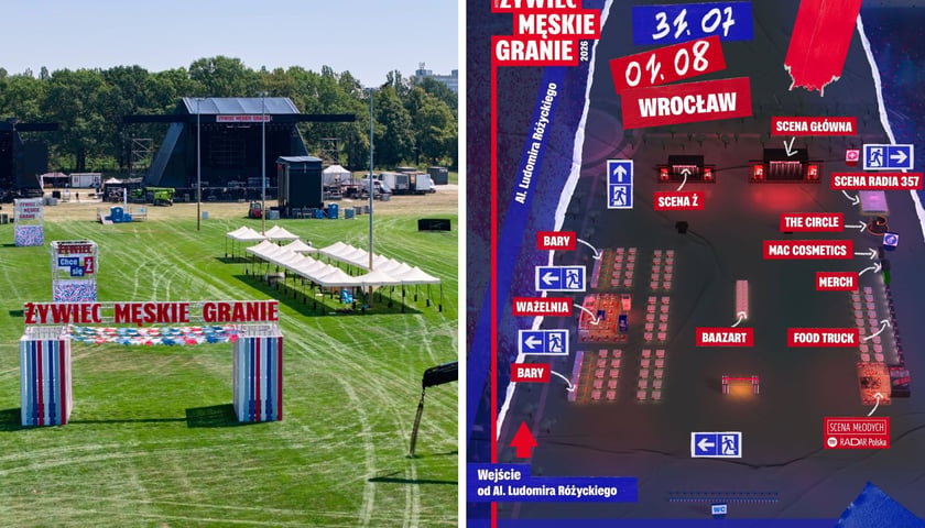 z lewej: zdjęcie z budowy miasteczka Męskiego Grania - na pierwszym planie widoczna brama wejściowa; grafika przedstawiająca mapę miasteczka