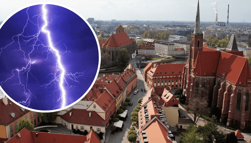 Kolaż 2 zdjęć: burza nad Wocławiem
