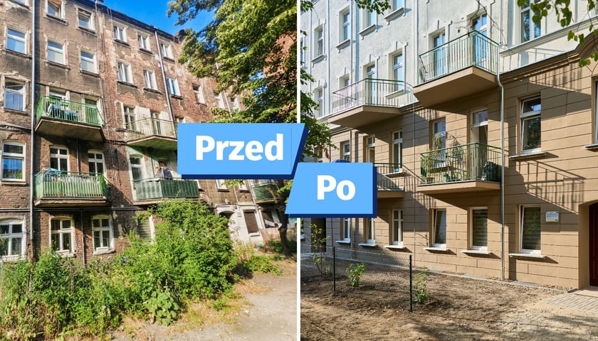 Zdjęcie podzielone na pół: z lewej - fasada kamienicy przy ul. Grunwaldzkiej 8A-10A przed remontem i nałożony napis "Przed"; po prawej - ten sam budynek po zakończeniu remontu i nałożony napis "Po".