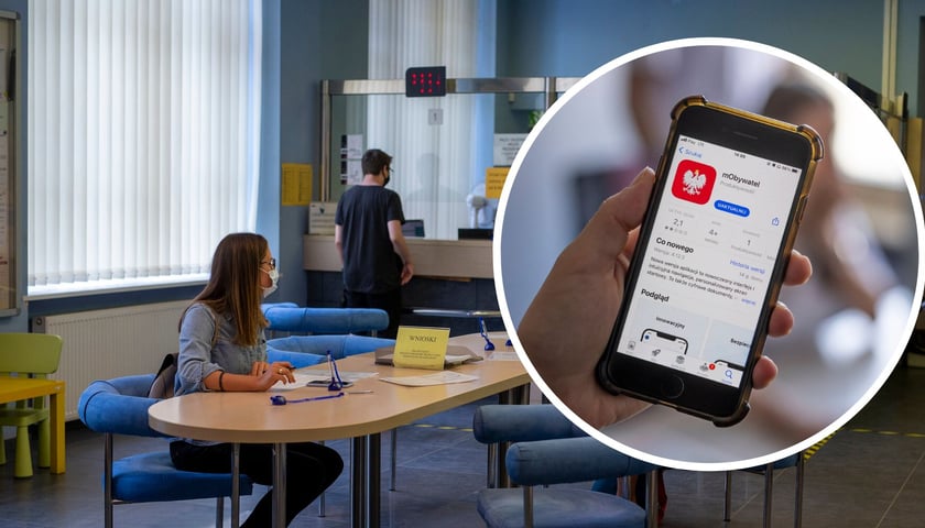 W tle: Centrum Obsługi Mieszkańca w Urzędzie Miejskim Wrocławia, zdjęcie archiwalne, ilustracyjne. W kółku: smartfon z ekranem aplikacji mObywatel, zdjęcie ilustracyjne.