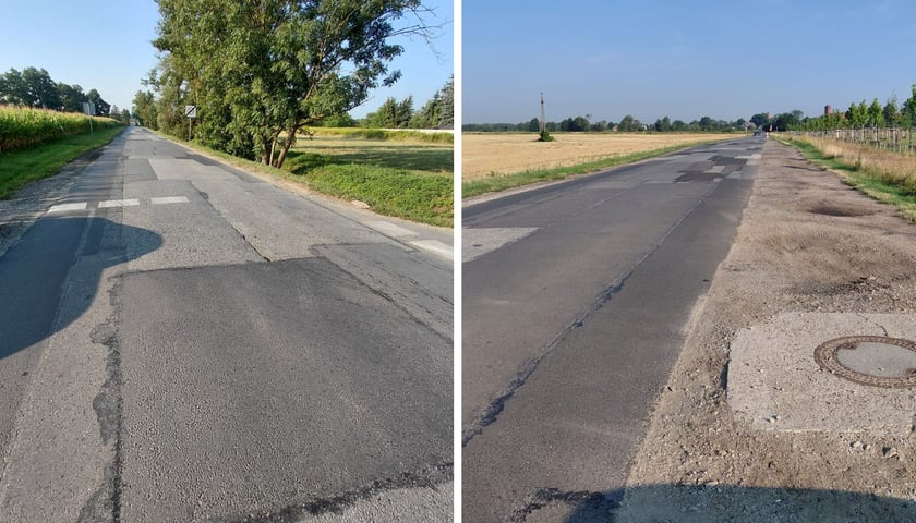 Zdjęcie podzielone na pół - z lewej i z prawej - dwa różne fragmenty ul. Rdestowej, które zostaną wyremontowane.