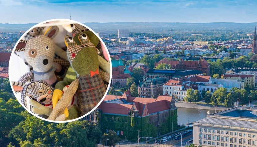 W tle - panorama Wrocławia, widok z drona. W kółku: pluszak wrocławskiej marki Uglytoys uszyty przez Dorotę Dziak, zdjęcie archiwalne