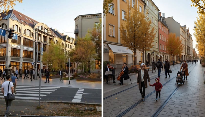 Dwie wizualizacje przedstawiające ul. Ruską po rewitalizacji: widok od ul. Kazimierza Wielkiego oraz od strony Placu Solnego - na obu grafikach widoczni są ludzie spacerujący cała szerokością jezdni, wokół jest dużo zieleni, ustawione są ogródki gastronomiczne