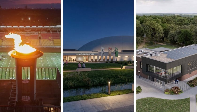 trzy zdjęcia: próbne zapalenie znicza na wieży stadionu (6 sierpnia); wizualizacje dwóch planowanych budynków Wrocławskiego Centrum Sportu przy ul. Żernickiej