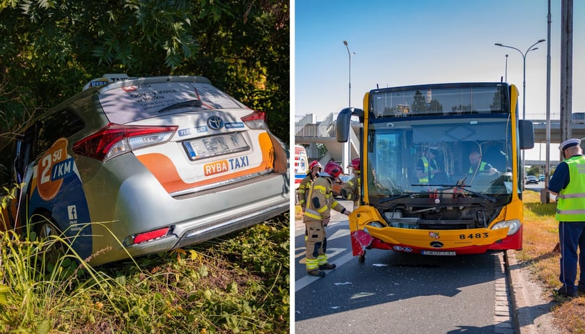 na zdjęciach z lewej uszkodzona taksówka, z prawej uszkodzony autobus