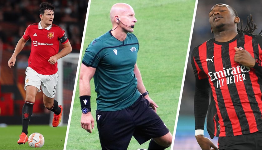 Harry Maguire z piłką (United) | Szymon Marciniak w stroju sędziowskim | Rafael Leao (Milan)