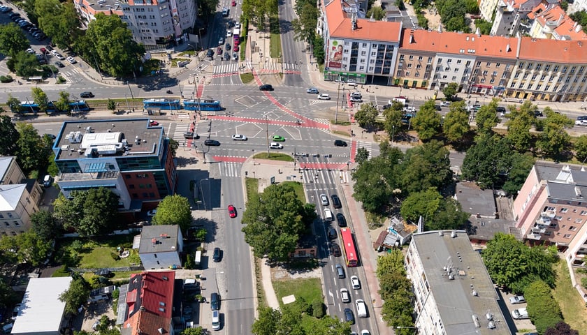 zdjęcie ilustracyjne: skrzyżowanie Hallera/Powstańców Śląskich/Wiśniowa - fotografia z drona