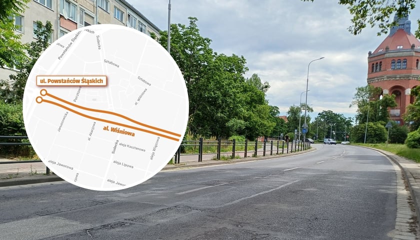 Aleja Wiśniowa - widok na jezdnię od strony Al. Hallera, w oddali widoczna Wieża Ciśnień; w kółku: mapka z zaznaczonym obszarem prac