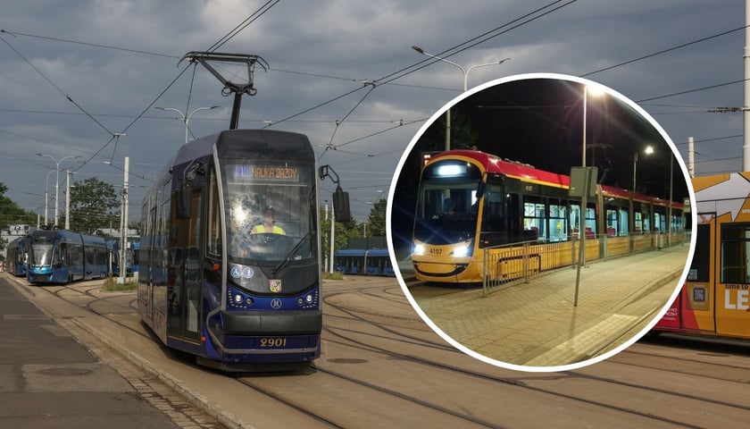 w tle: wrocławskie tramwaje na placu manewrowym Zajezdni Borek; w kółku: tramwaj Hyundai Rotem 141N na pętli Oporów