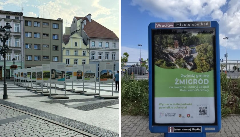 Zdjęcie podzielone na pół: z lewej - wystawa  „Odkryj Perły Aglomeracji Wrocławskiej” na rynku w Oleśnicy;  z prawej - plakat promujący Perły Aglomeracji Wrocławskiej na nośniku Systemu Informacji Miejskiej.