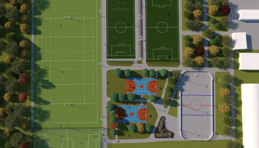 Widok z góry na stadion przy ul. Lotniczej po przebudowie