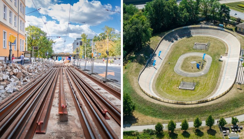 Z lewej remont torowiska na ul. Stawowej, z prawej wrocławski Welodrom przed modernizacją