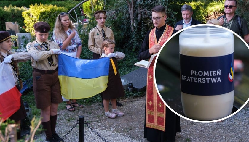Uroczystość zapalenia „Płomienia Braterstwa” na grobie Antoniego Jarmaka na Cmentarzu Osobowickim, na zdjęciu małym w kółku znicz z napisem „Płomień Braterstwa”