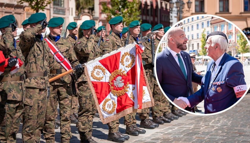 Na zdjęciu dużym apel, na zdjęciu małym w kółku prezydent Jacek Sutryk z jednym z kombatantów