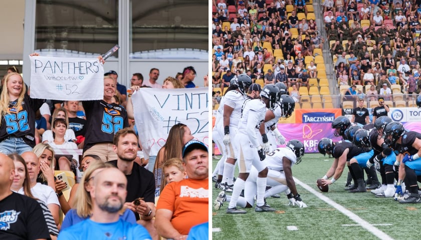 Zdjęcie podzielone na pół: z lewej grupa kibiców Panthers Wrocław  z transparentami na trybunach; z prawej - zawodnicy dwóch drużyn futbolu amerykańskiego przy wznowieniu gry - mecz Panthers Wrocław - London Warriors, 16 sierpnia 2026 r.