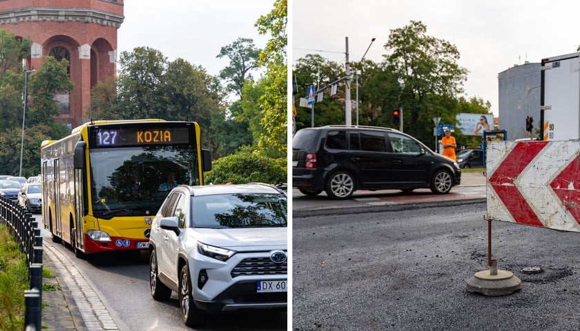 zdjęcia z Al. Wiśniowej: autobus stojący w korku (w tle wieża ciśnień); barierka na tle remontowanego fragmentu jezdni, 17.08.2026 r.