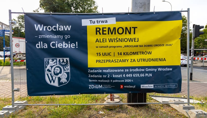 Ruszył remont Al. Wiśniowej we Wrocławiu. Prace prowadzone są tu głownie w nocy, 17.08.2026 r.
