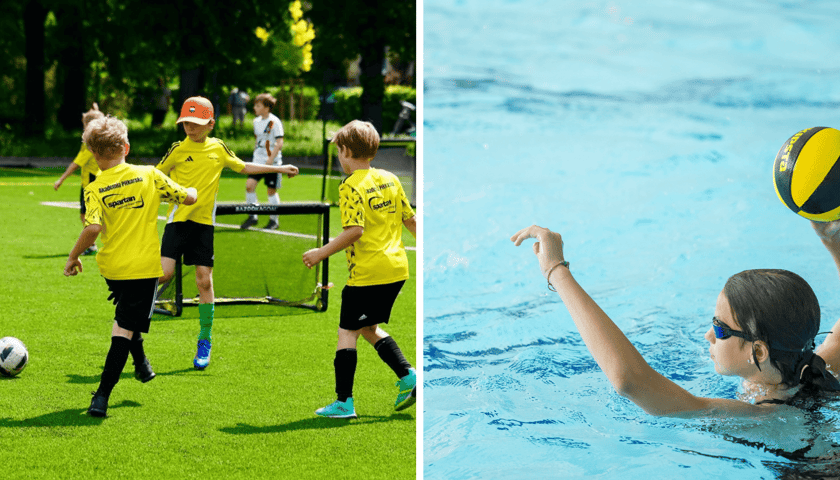 Kolaż 2 zdjęć przedstawiających półkolonie sportowe dla dzieci