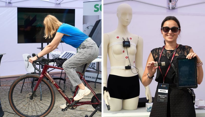 Dwa połączone zdjęcia z plenerowego wydarzenia : po lewej stronie blondynka w niebieskim bluzce jedzie na rowerze stacjonarnym w strefie testowej, a po prawej uśmiechnięta wystawczyni w okularach przeciwsłonecznych prezentuje tablet i małe urządzenie medyczne, stojąc obok manekina z podłączonym czujnikiem EKG. Smart City Day 2025 we Wrocławiu